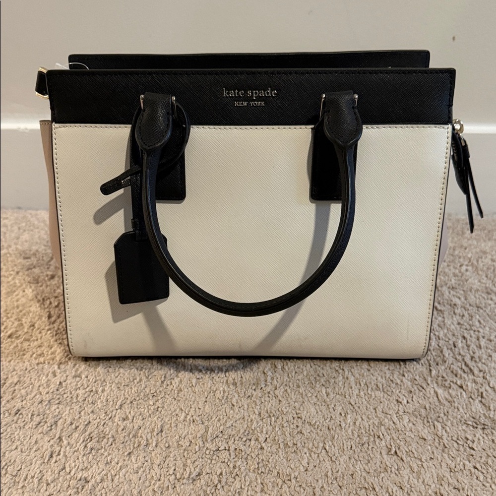 Kate Spade Cameron Medium Satchel Shoulder Tote Bag White Beige Black Leather - Picture 3 of 6